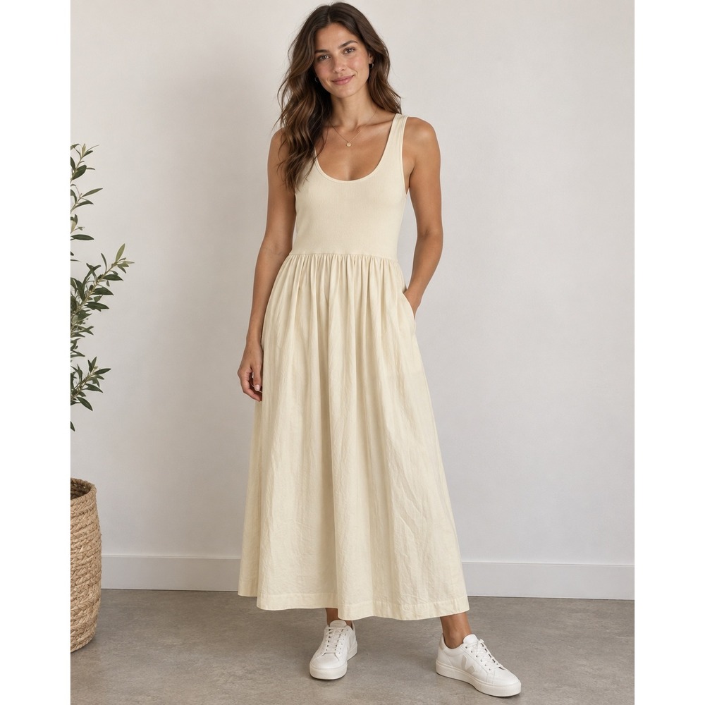 Monoprix Paris Cream Ribbed Cotton Midi Maxi Dress Size M